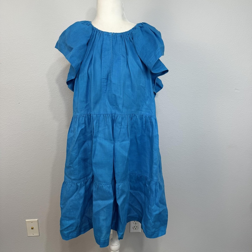 Marie Oliver Dress Womens Medium Blue 100% Linen Flutter Sleeve Tiered Midi Boho